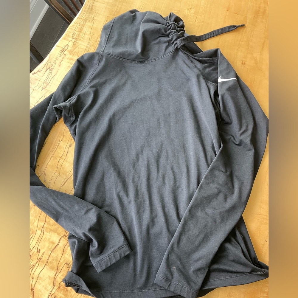 Nike Black Long Sleeve Top with Drawstring Neck- Hip Length- Fleece- warm!!